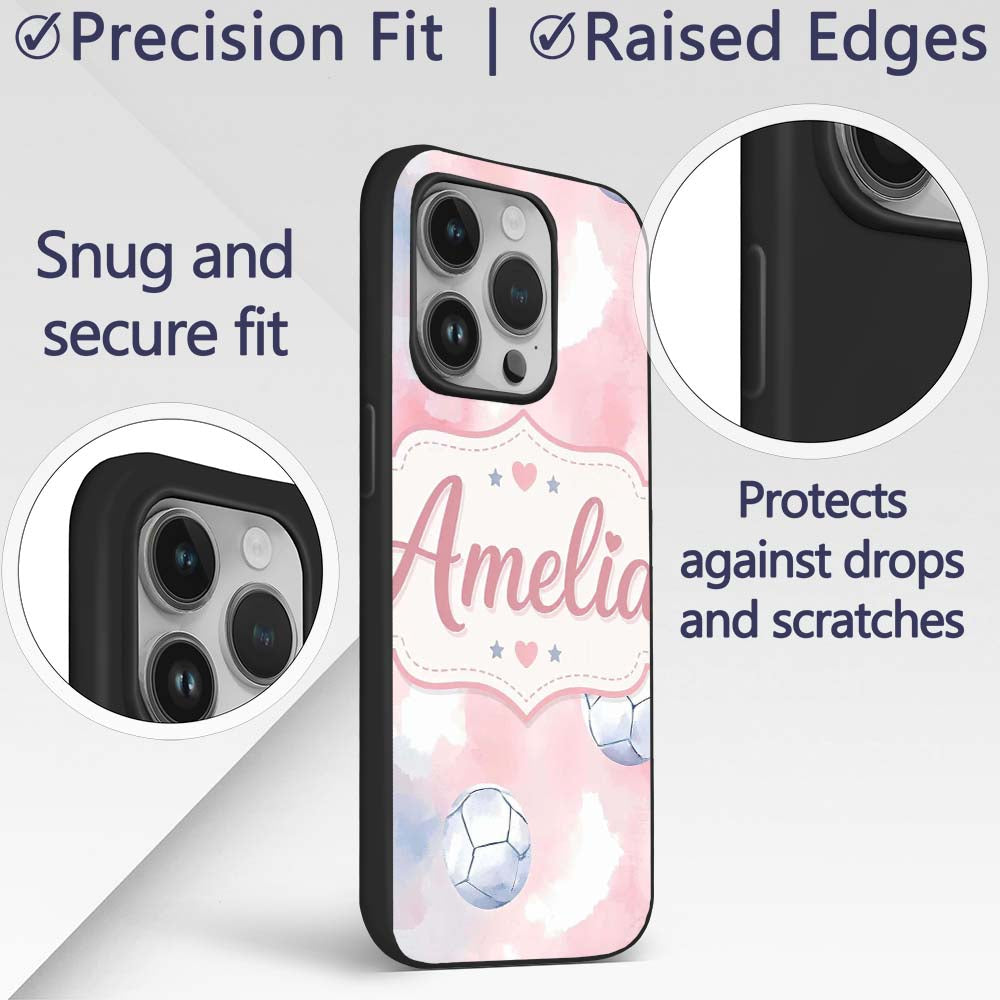 Watercolor Soccer Balls on Soft Pink Background Custom Name Protective Phone Case Mobile Cover Durable Everyday Smartphone Shock Resistant