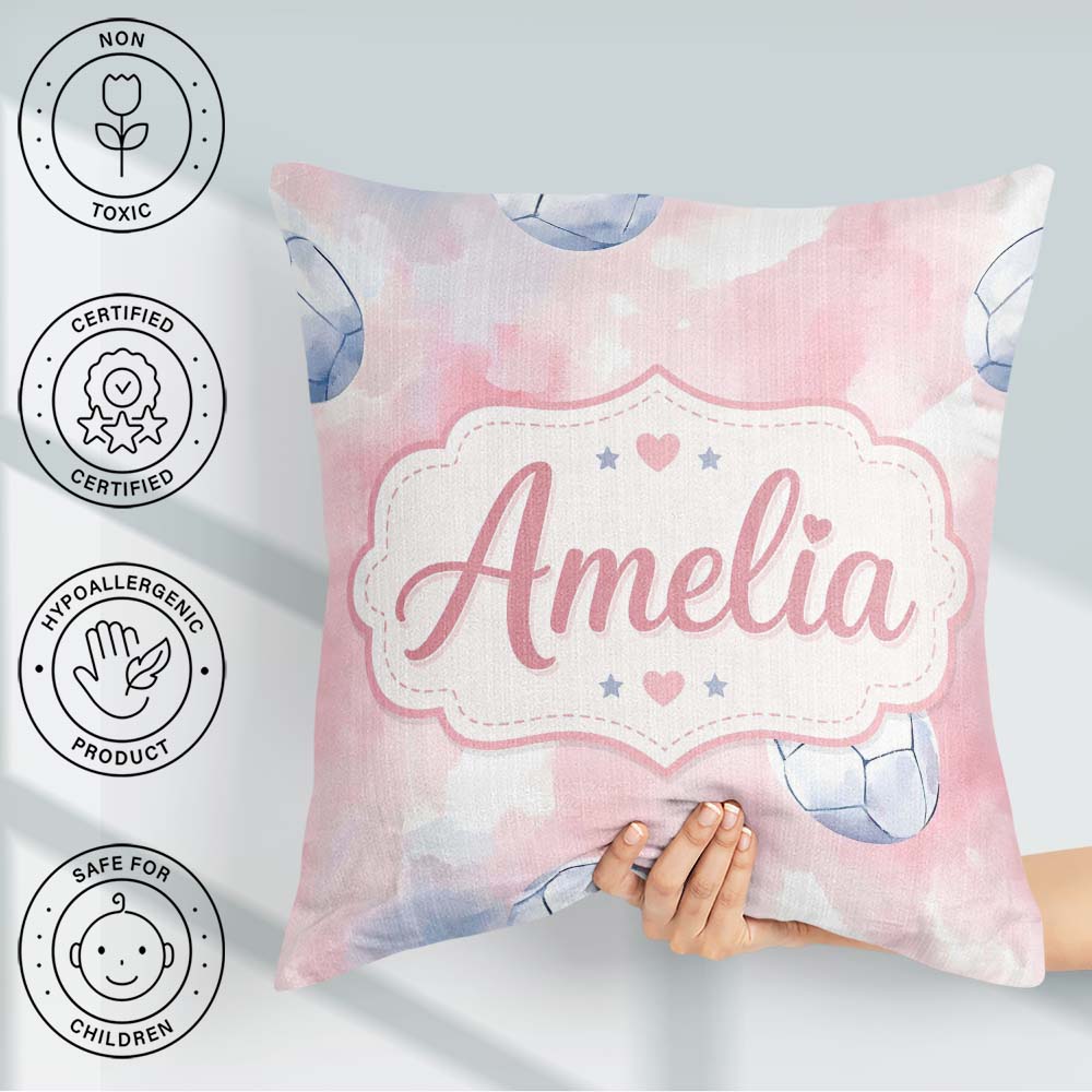 Custom Name Watercolor Soccer Balls Soft Pink Background Pattern Square Filled Cushion Throw Pillow Sofa Bed Home Decor Zip Washable UK Made