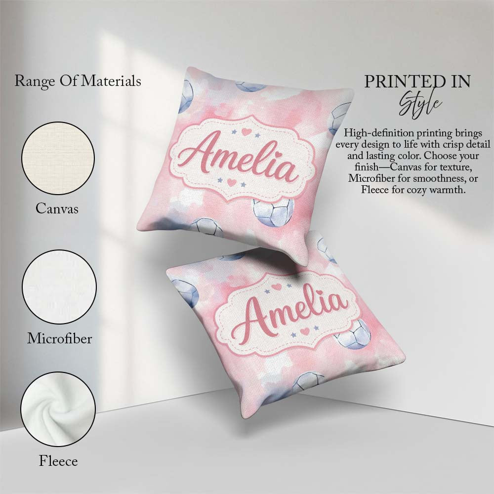 Custom Name Watercolor Soccer Balls Soft Pink Background Pattern Square Filled Cushion Throw Pillow Sofa Bed Home Decor Zip Washable UK Made