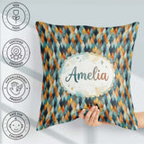 Custom Name Abstract Diamond Mosaic Seamless in Teal Orange Blue Square Filled Cushion Throw Pillow Sofa Bed Home Decor Zip Washable UK Made