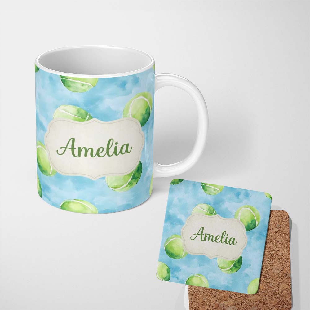 Personalized Custom Name Watercolor Tennis Balls on Soft Blue Background Seamless Pattern 11oz Ceramic Coffee Tea Mug White Large Handle