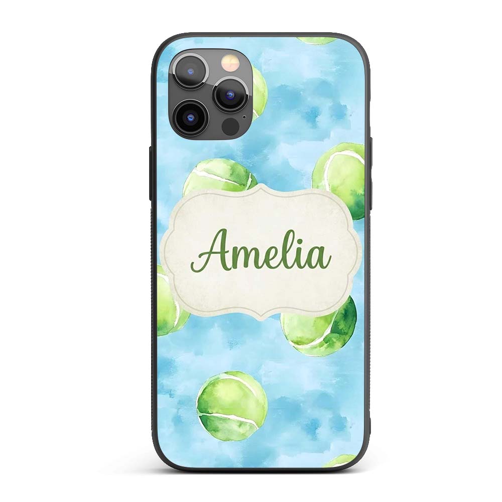 Watercolor Tennis Balls on Soft Blue Background Custom Name Protective Phone Case Mobile Cover Durable Everyday Smartphone Shock Resistant