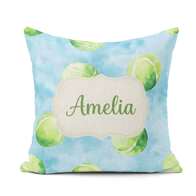 Custom Name Watercolor Tennis Balls Soft Blue Background Pattern Square Filled Cushion Throw Pillow Sofa Bed Home Decor Zip Washable UK Made