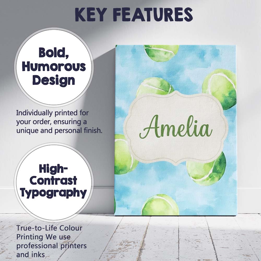 Personalised Name Watercolor Tennis Balls Custom  Unique Gift Idea Elegant Feature Canvas Wall Art Print Decor Picture Ready to Hang