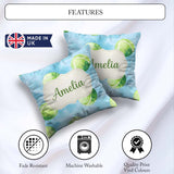 Custom Name Watercolor Tennis Balls Soft Blue Background Pattern Square Filled Cushion Throw Pillow Sofa Bed Home Decor Zip Washable UK Made
