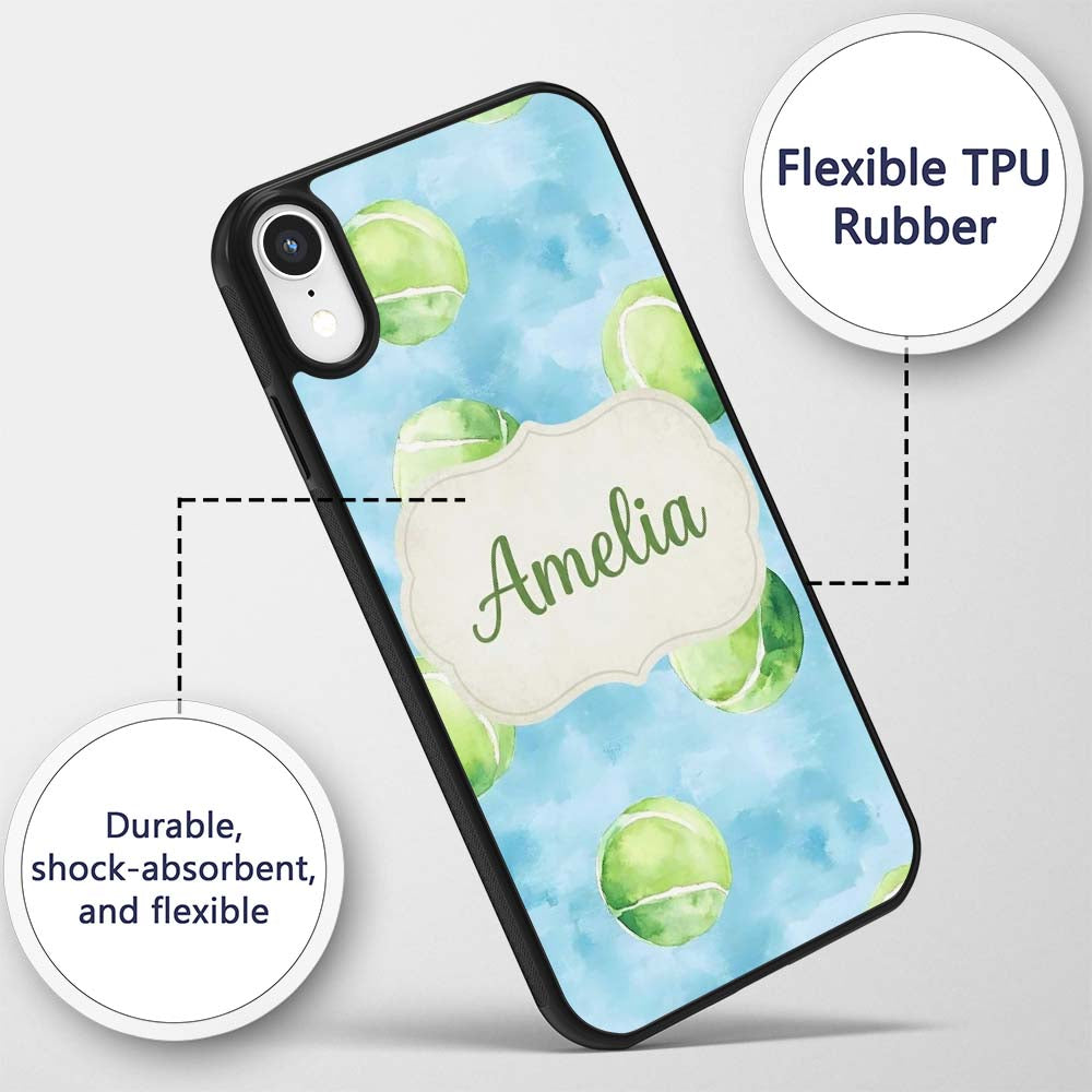 Watercolor Tennis Balls on Soft Blue Background Custom Name Protective Phone Case Mobile Cover Durable Everyday Smartphone Shock Resistant