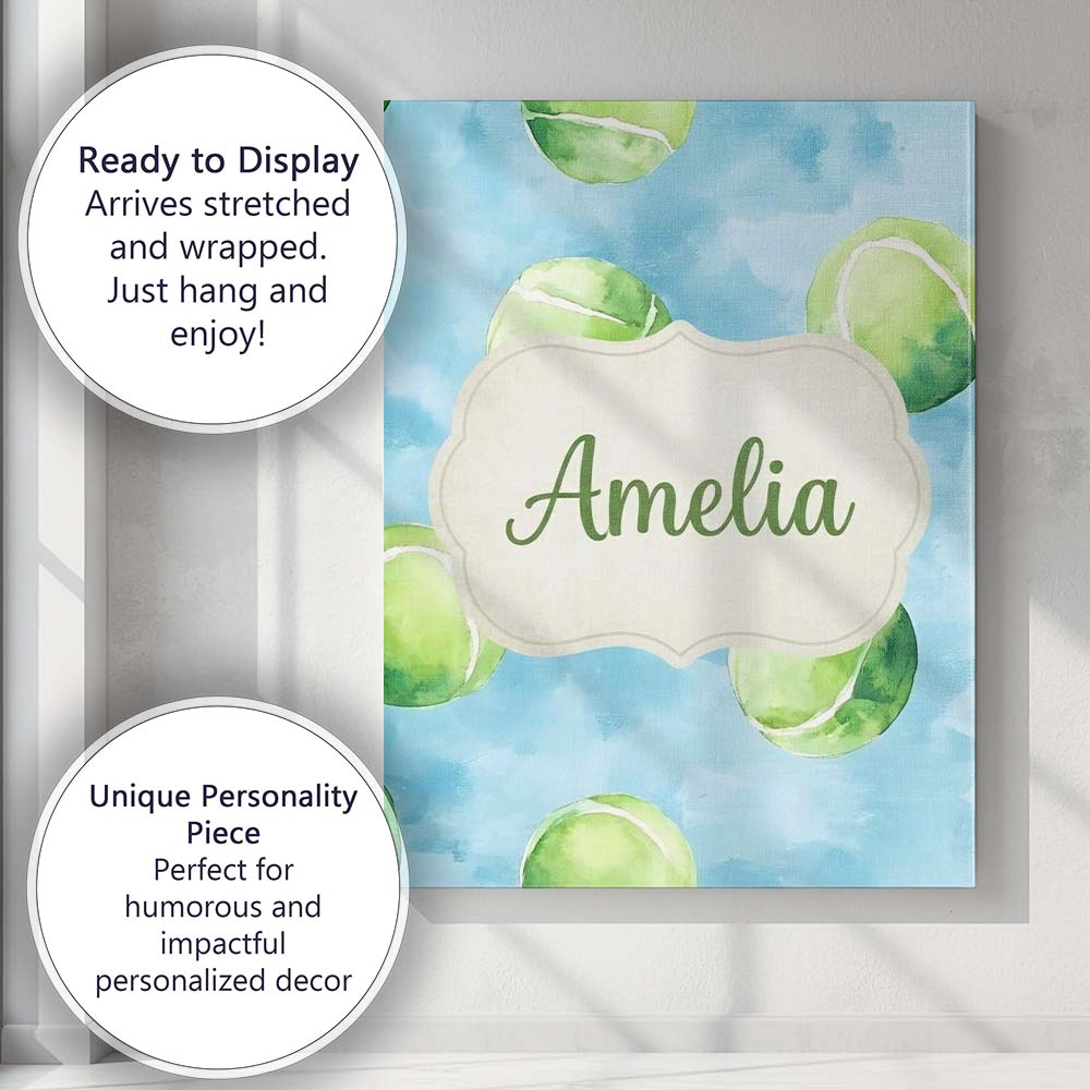Personalised Name Watercolor Tennis Balls Custom  Unique Gift Idea Elegant Feature Canvas Wall Art Print Decor Picture Ready to Hang