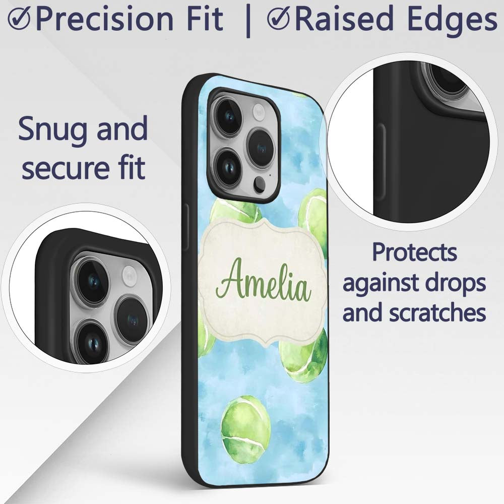 Watercolor Tennis Balls on Soft Blue Background Custom Name Protective Phone Case Mobile Cover Durable Everyday Smartphone Shock Resistant