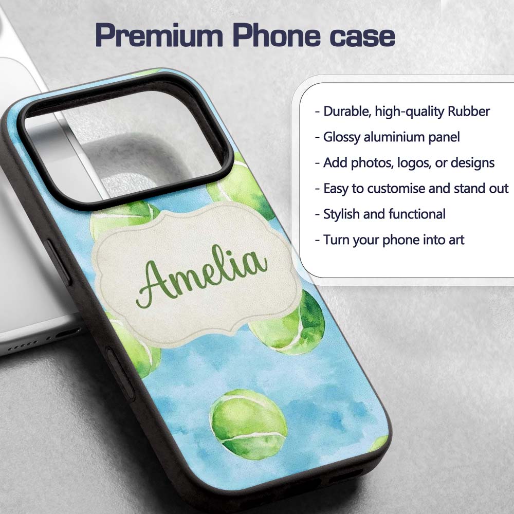 Watercolor Tennis Balls on Soft Blue Background Custom Name Protective Phone Case Mobile Cover Durable Everyday Smartphone Shock Resistant