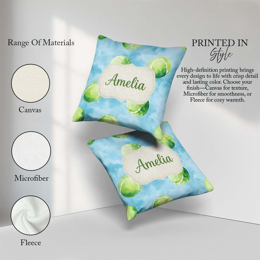 Custom Name Watercolor Tennis Balls Soft Blue Background Pattern Square Filled Cushion Throw Pillow Sofa Bed Home Decor Zip Washable UK Made