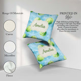 Custom Name Watercolor Tennis Balls Soft Blue Background Pattern Square Filled Cushion Throw Pillow Sofa Bed Home Decor Zip Washable UK Made