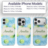 Watercolor Tennis Balls on Soft Blue Background Custom Name Protective Phone Case Mobile Cover Durable Everyday Smartphone Shock Resistant