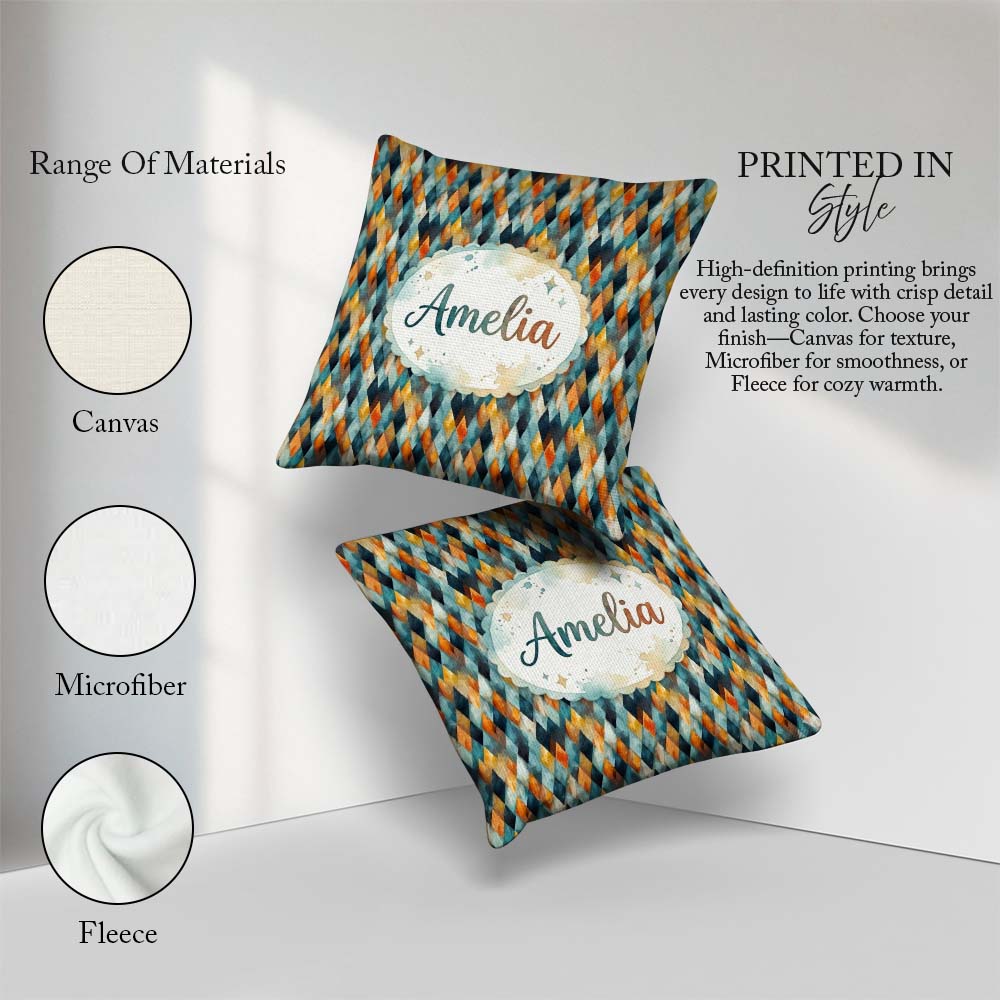Custom Name Abstract Diamond Mosaic Seamless in Teal Orange Blue Square Filled Cushion Throw Pillow Sofa Bed Home Decor Zip Washable UK Made