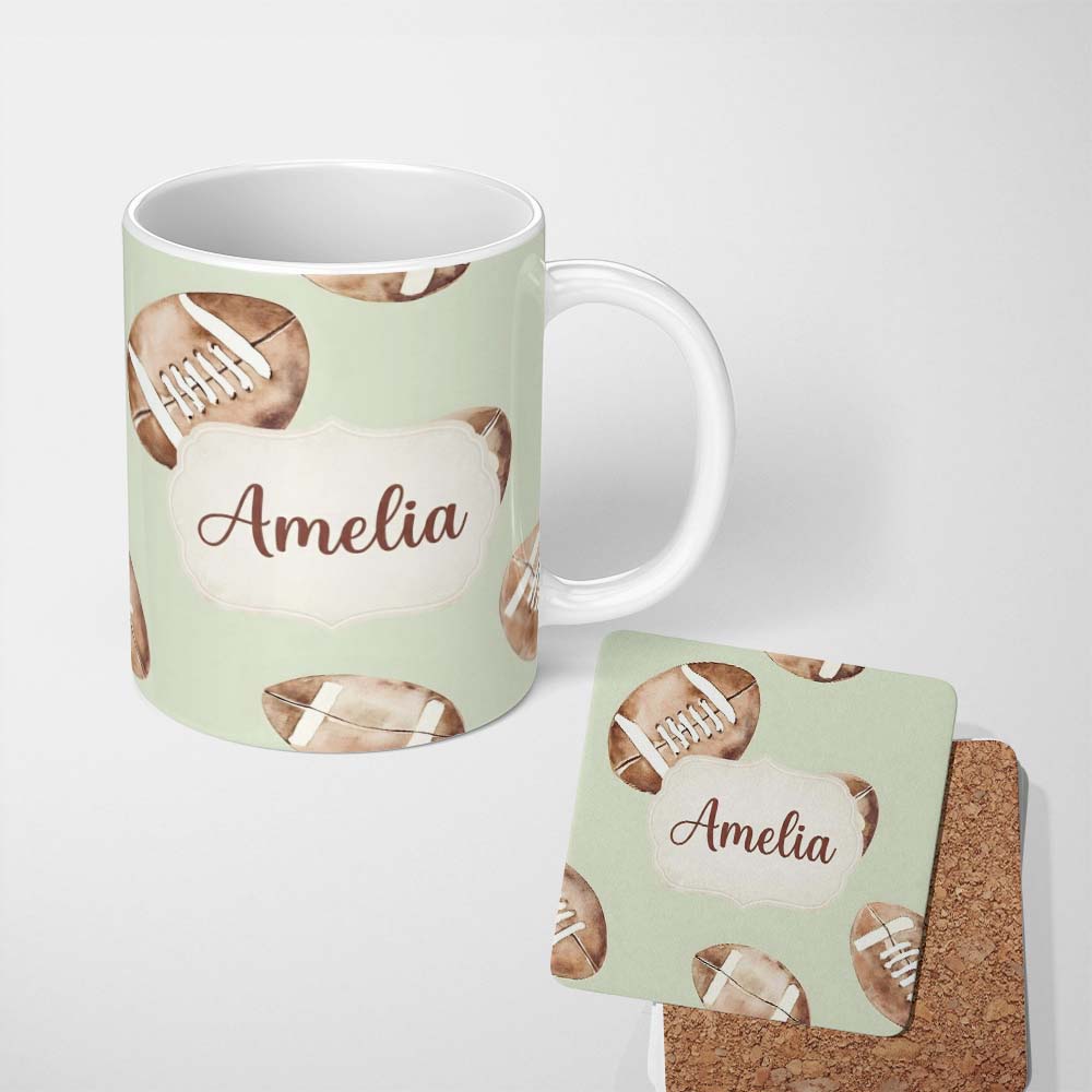 Personalized Custom Name Watercolor American Football Balls on Soft Green Background 11oz Ceramic Coffee Tea Mug White Large Handle