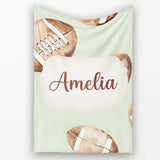 Watercolor American Football Balls on Soft Green Background  Personalised Custom Name Super Soft Fleece Blanket Bed Sofa Throw
