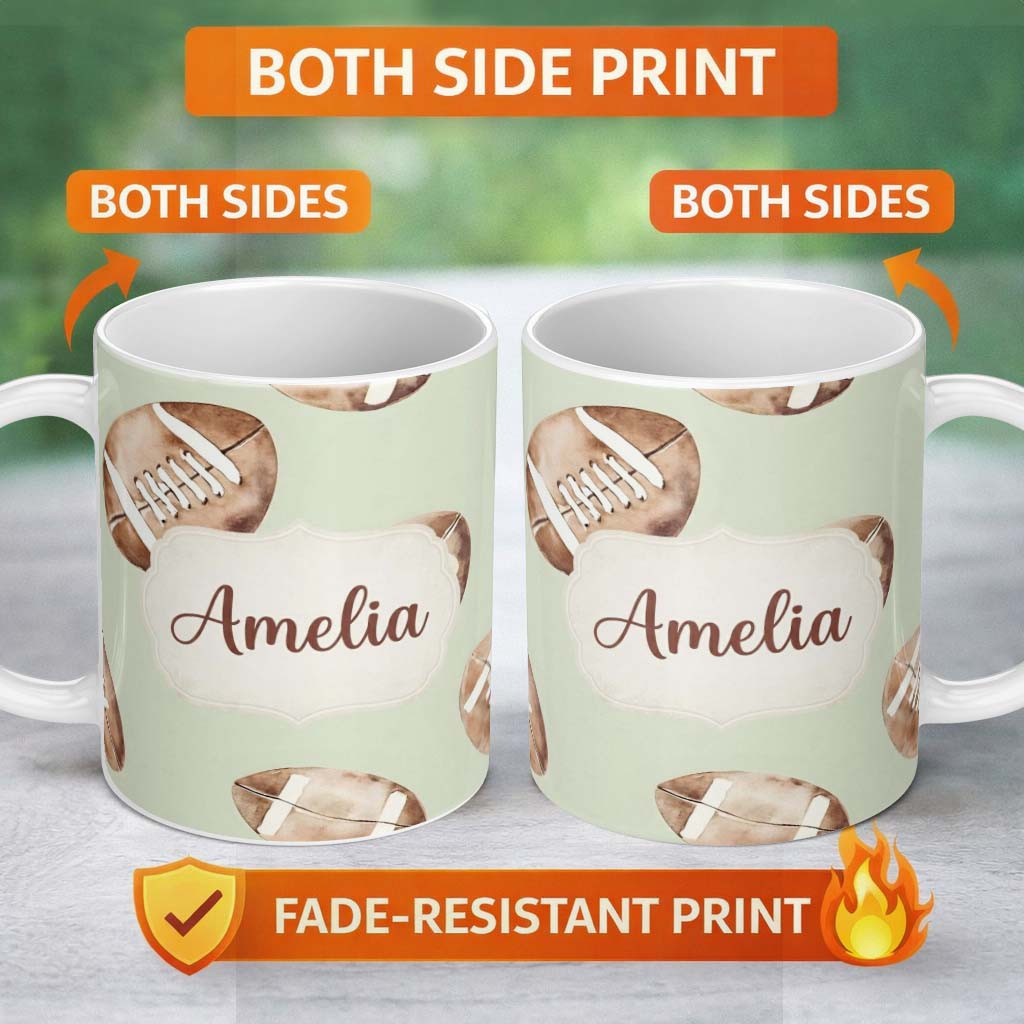 Personalized Custom Name Watercolor American Football Balls on Soft Green Background 11oz Ceramic Coffee Tea Mug White Large Handle