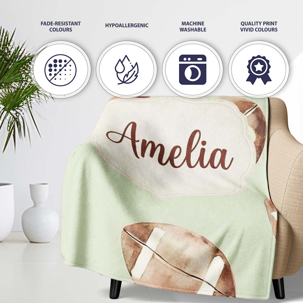 Watercolor American Football Balls on Soft Green Background  Personalised Custom Name Super Soft Fleece Blanket Bed Sofa Throw