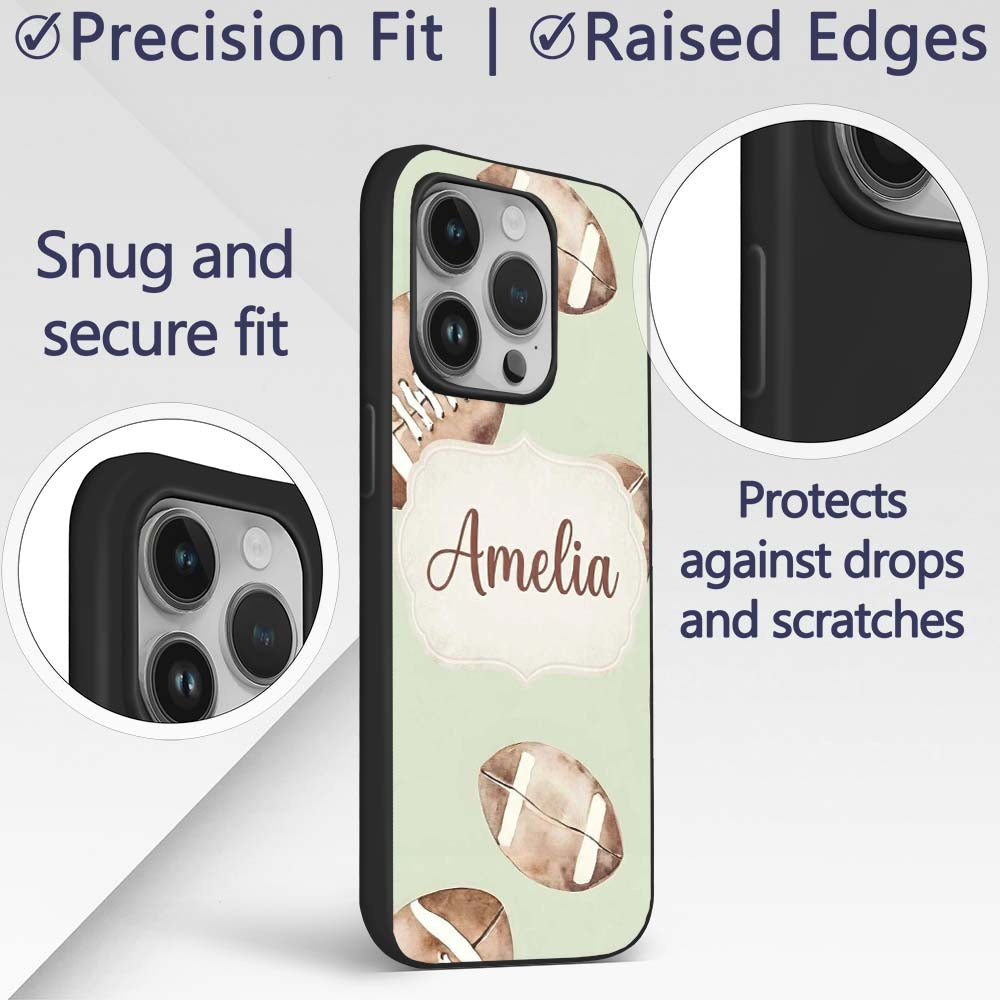 Watercolor American Football Balls on Soft Green Custom Name Protective Phone Case Mobile Cover Durable Everyday Smartphone Shock Resistant