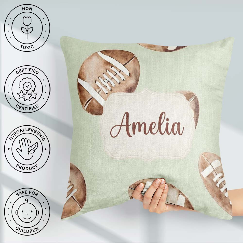 Custom Name Watercolor American Balls on Soft Green Background Square Filled Cushion Throw Pillow Sofa Bed Home Decor Zip Washable UK Made
