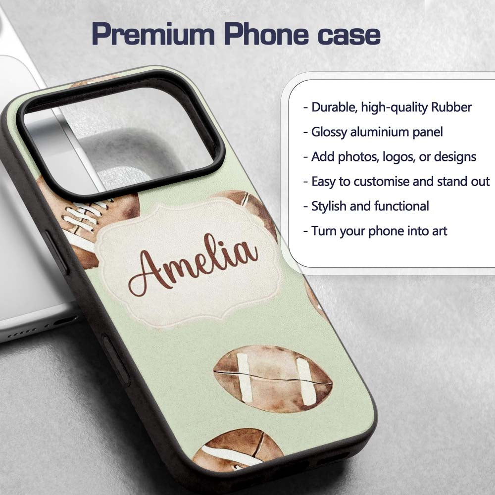 Watercolor American Football Balls on Soft Green Custom Name Protective Phone Case Mobile Cover Durable Everyday Smartphone Shock Resistant
