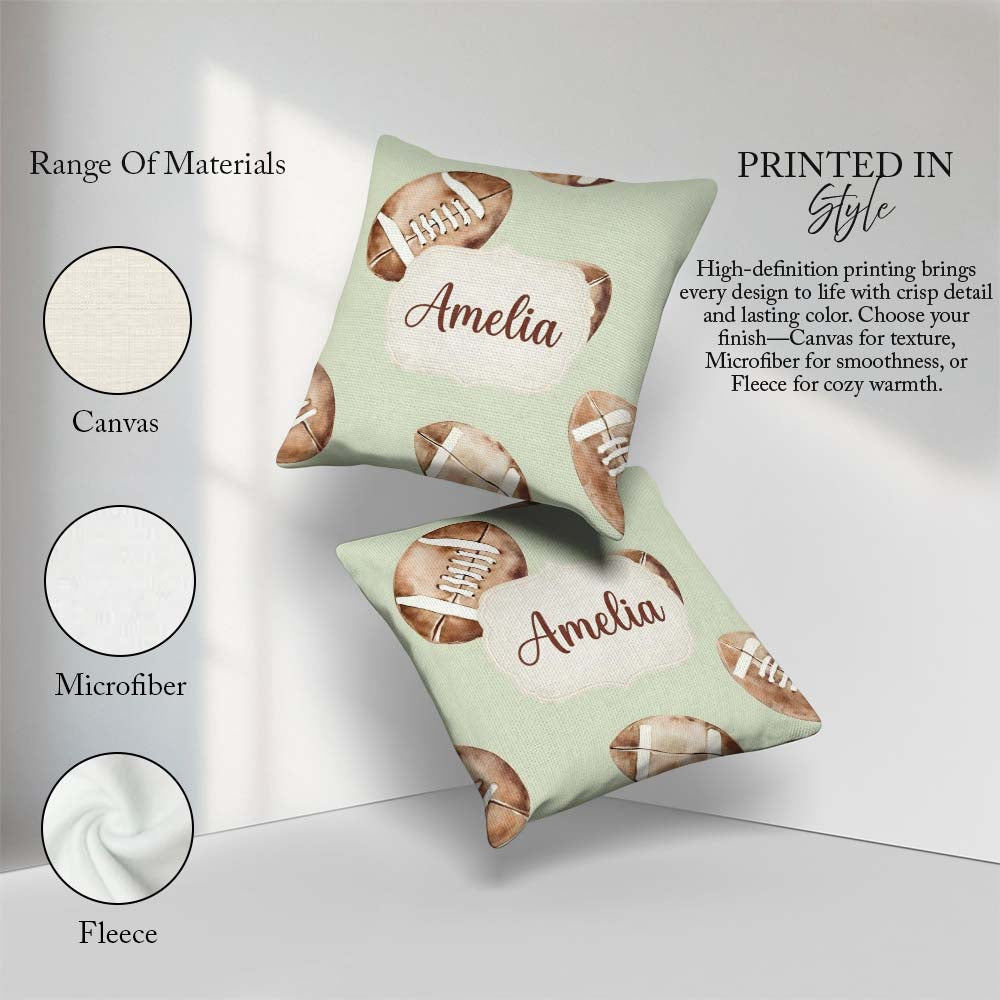 Custom Name Watercolor American Balls on Soft Green Background Square Filled Cushion Throw Pillow Sofa Bed Home Decor Zip Washable UK Made