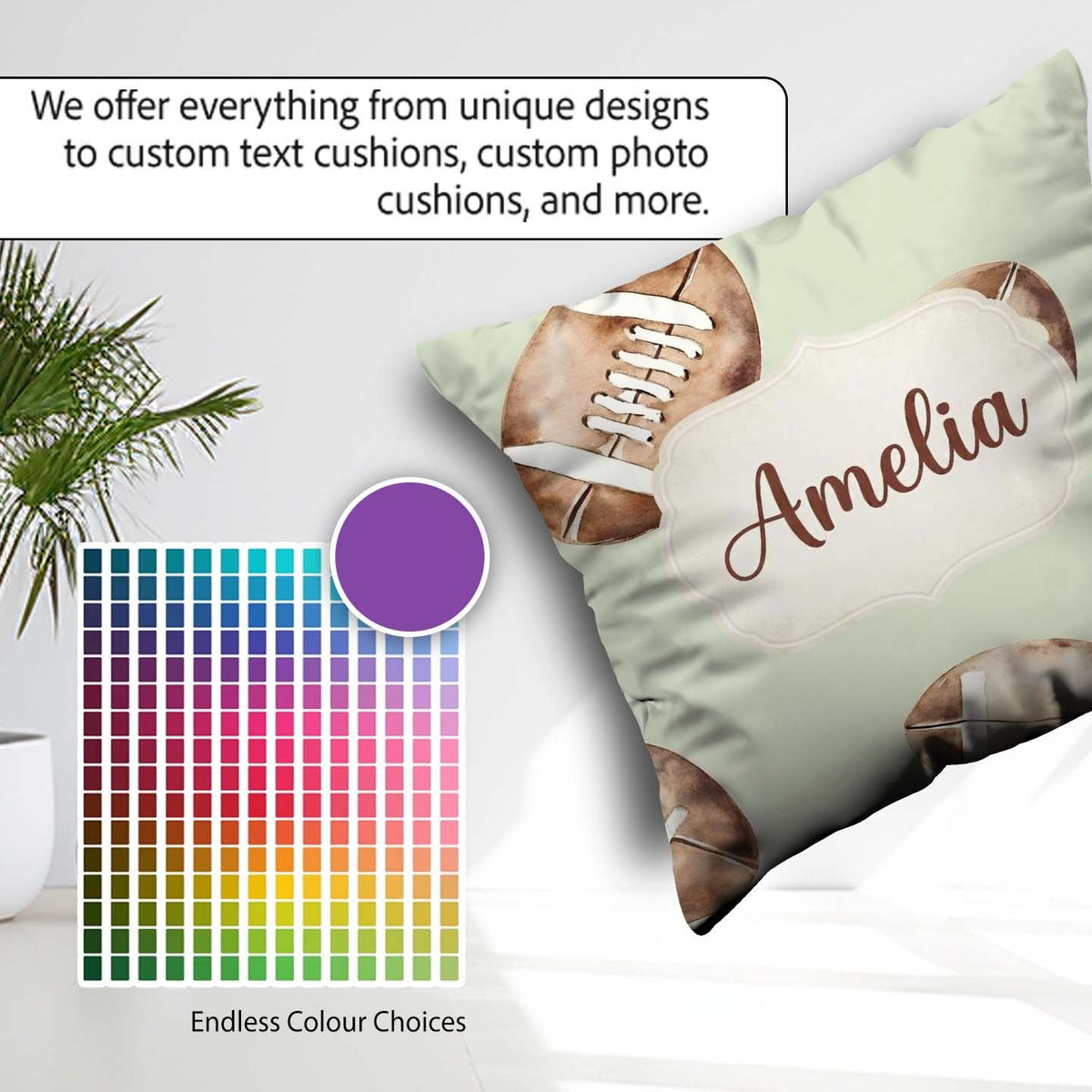 Custom Name Watercolor American Balls on Soft Green Background Square Filled Cushion Throw Pillow Sofa Bed Home Decor Zip Washable UK Made