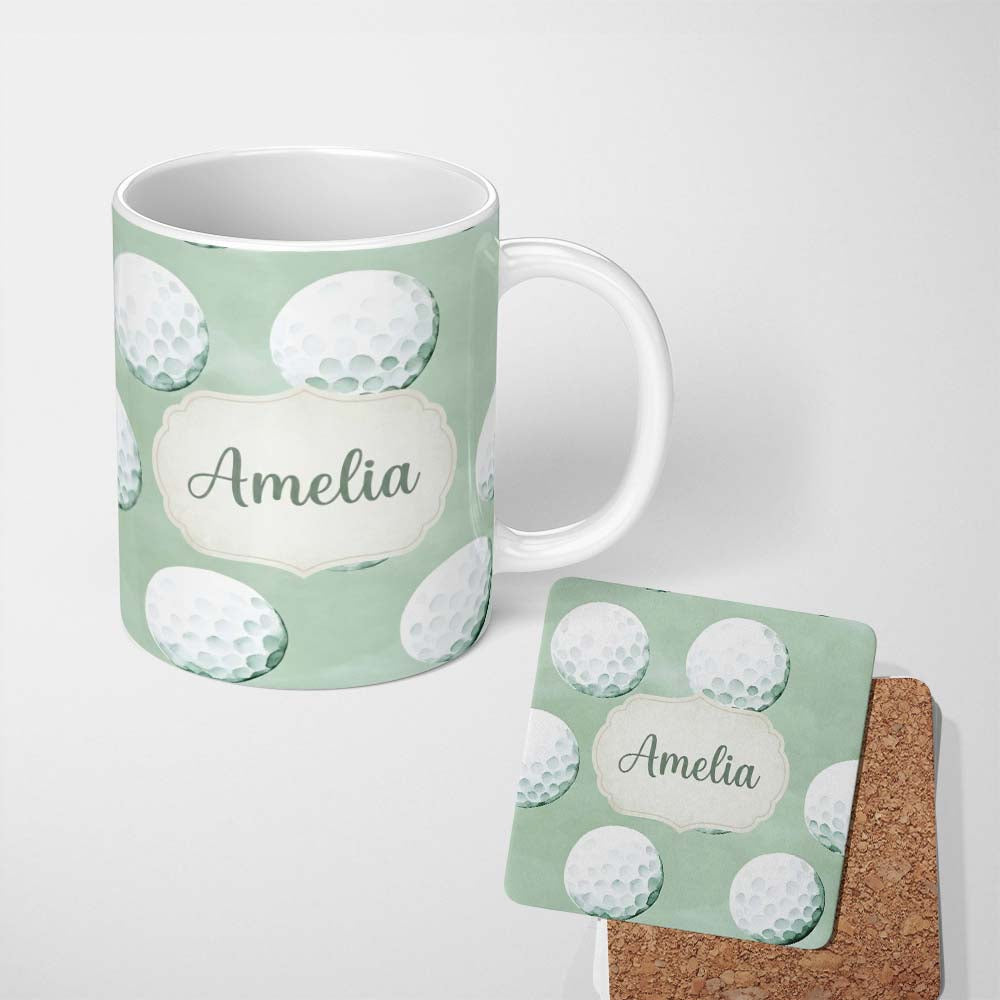 Personalized Custom Name Watercolor Golf Balls on Soft Green Background Seamless Pattern 11oz Ceramic Coffee Tea Mug White Large Handle