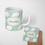 Personalized Custom Name Watercolor Golf Balls on Soft Green Background Seamless Pattern 11oz Ceramic Coffee Tea Mug White Large Handle
