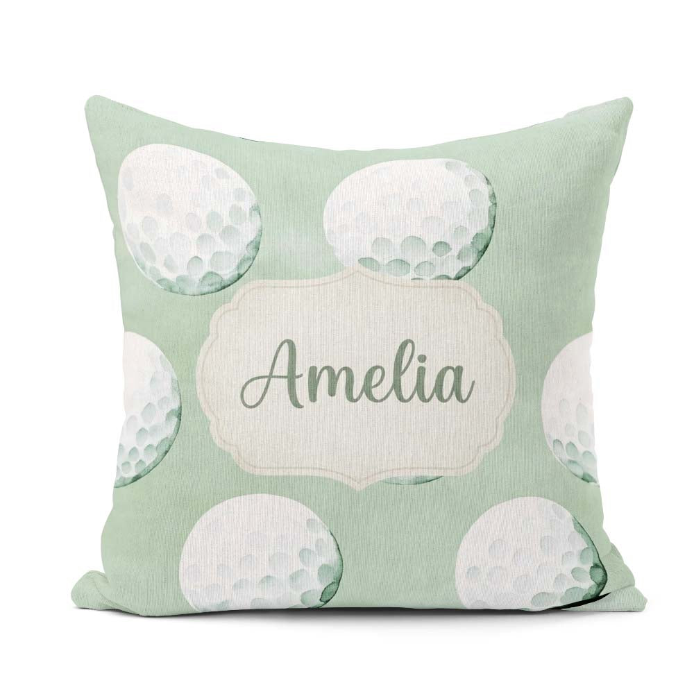 Custom Name Watercolor Golf Balls on Soft Green Seamless Pattern Square Filled Cushion Throw Pillow Sofa Bed Home Decor Zip Washable UK Made