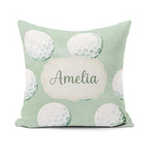 Custom Name Watercolor Golf Balls on Soft Green Seamless Pattern Square Filled Cushion Throw Pillow Sofa Bed Home Decor Zip Washable UK Made