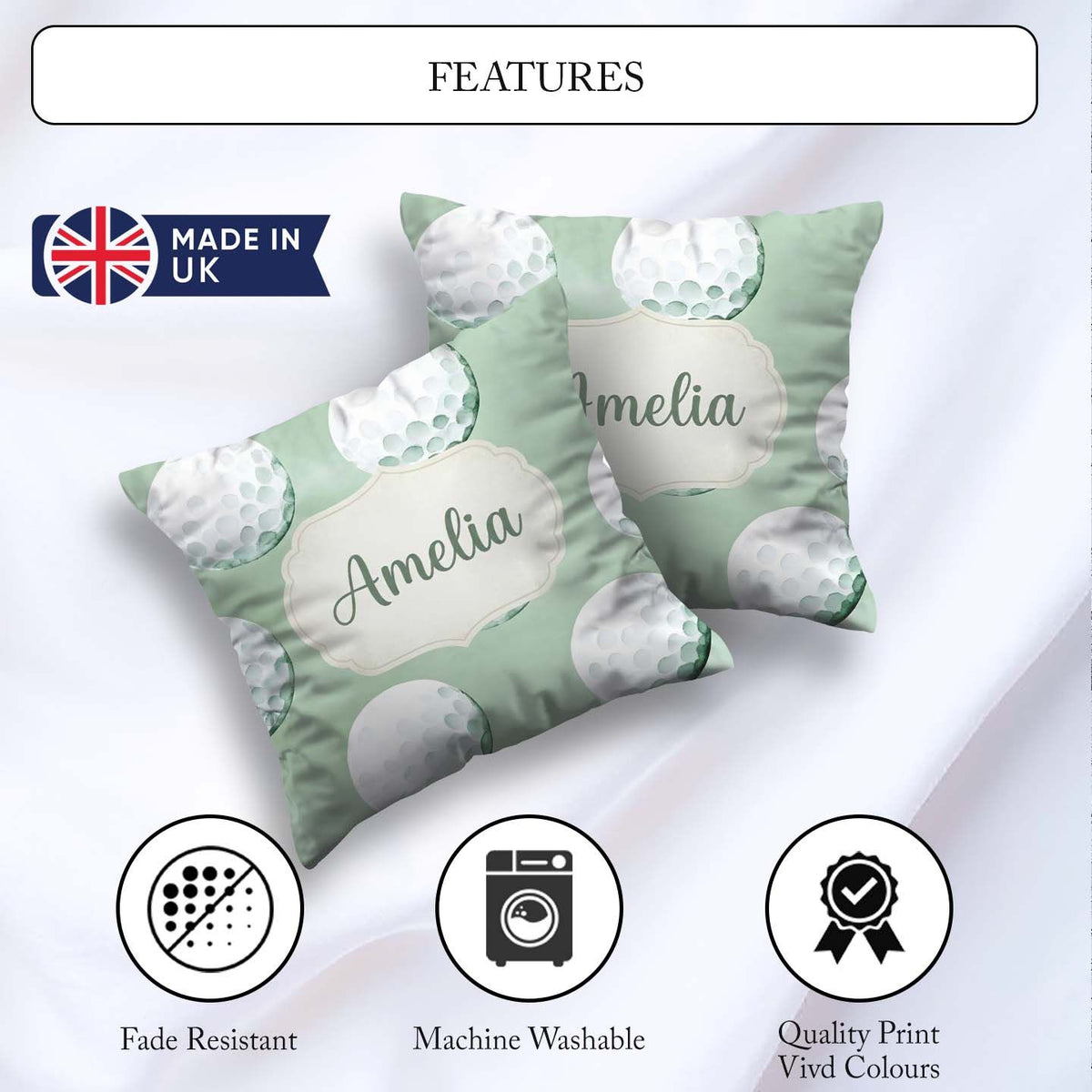 Custom Name Watercolor Golf Balls on Soft Green Seamless Pattern Square Filled Cushion Throw Pillow Sofa Bed Home Decor Zip Washable UK Made