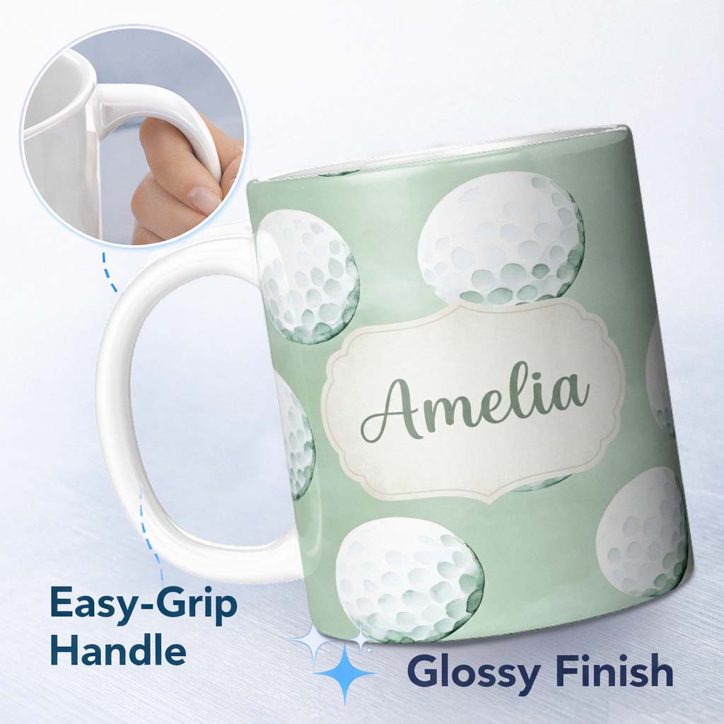 Personalized Custom Name Watercolor Golf Balls on Soft Green Background Seamless Pattern 11oz Ceramic Coffee Tea Mug White Large Handle