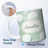 Personalized Custom Name Watercolor Golf Balls on Soft Green Background Seamless Pattern 11oz Ceramic Coffee Tea Mug White Large Handle