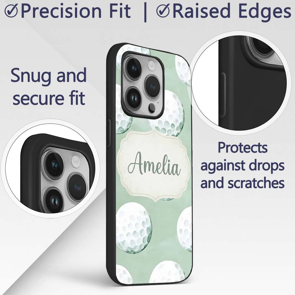 Watercolor Golf Balls on Soft Green Background Custom Name Protective Phone Case Mobile Cover Durable Everyday Smartphone Shock Resistant