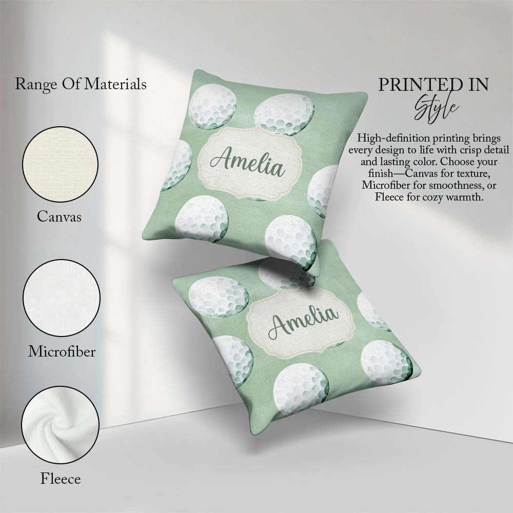Custom Name Watercolor Golf Balls on Soft Green Seamless Pattern Square Filled Cushion Throw Pillow Sofa Bed Home Decor Zip Washable UK Made