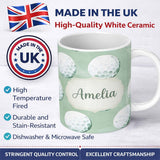 Personalized Custom Name Watercolor Golf Balls on Soft Green Background Seamless Pattern 11oz Ceramic Coffee Tea Mug White Large Handle