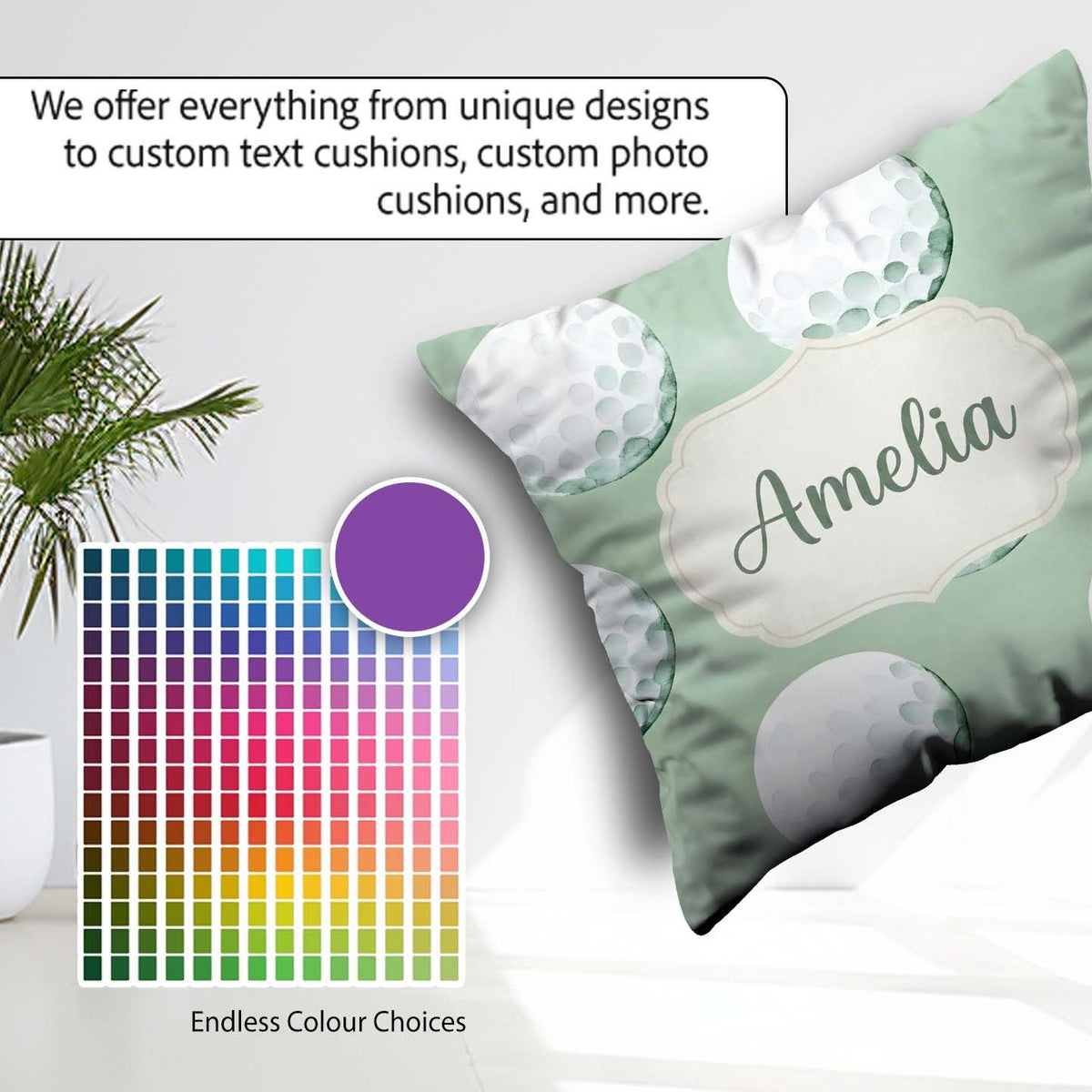 Custom Name Watercolor Golf Balls on Soft Green Seamless Pattern Square Filled Cushion Throw Pillow Sofa Bed Home Decor Zip Washable UK Made