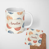 Personalized Custom Name Watercolor Basketball Balls on Neutral Background Seamless Pattern 11oz Ceramic Coffee Tea Mug White Large Handle