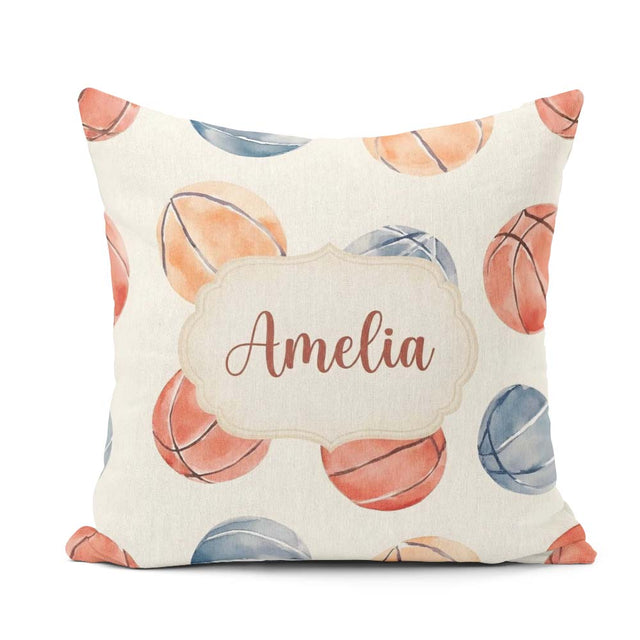Custom Name Watercolor Basketball on Neutral Background Seamless Square Filled Cushion Throw Pillow Sofa Bed Home Decor Zip Washable UK Made