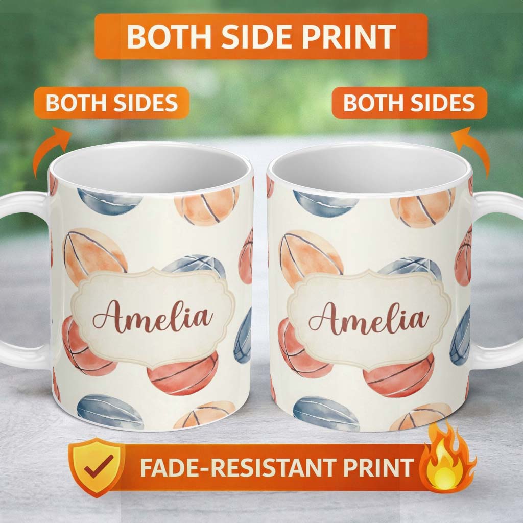 Personalized Custom Name Watercolor Basketball Balls on Neutral Background Seamless Pattern 11oz Ceramic Coffee Tea Mug White Large Handle