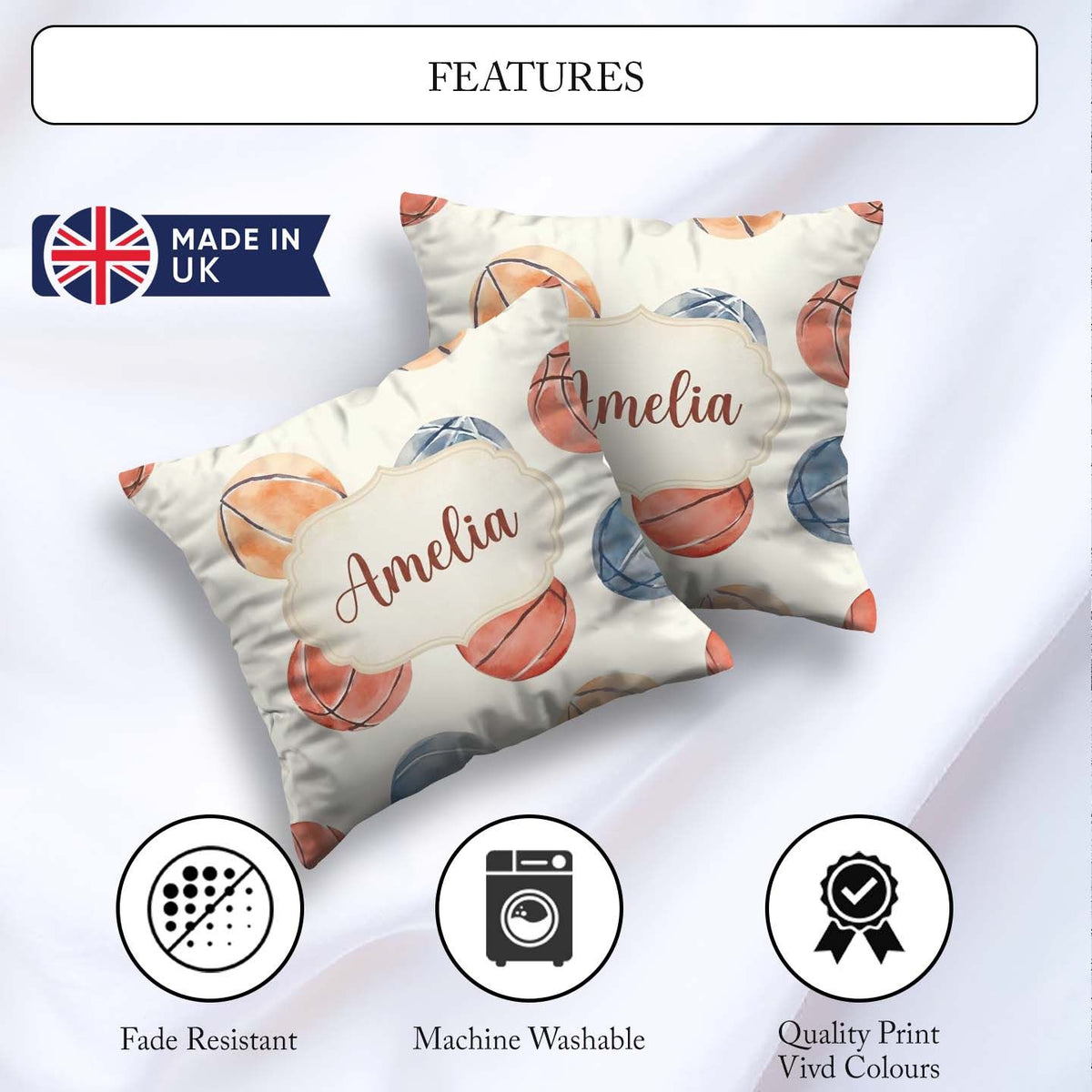 Custom Name Watercolor Basketball on Neutral Background Seamless Square Filled Cushion Throw Pillow Sofa Bed Home Decor Zip Washable UK Made