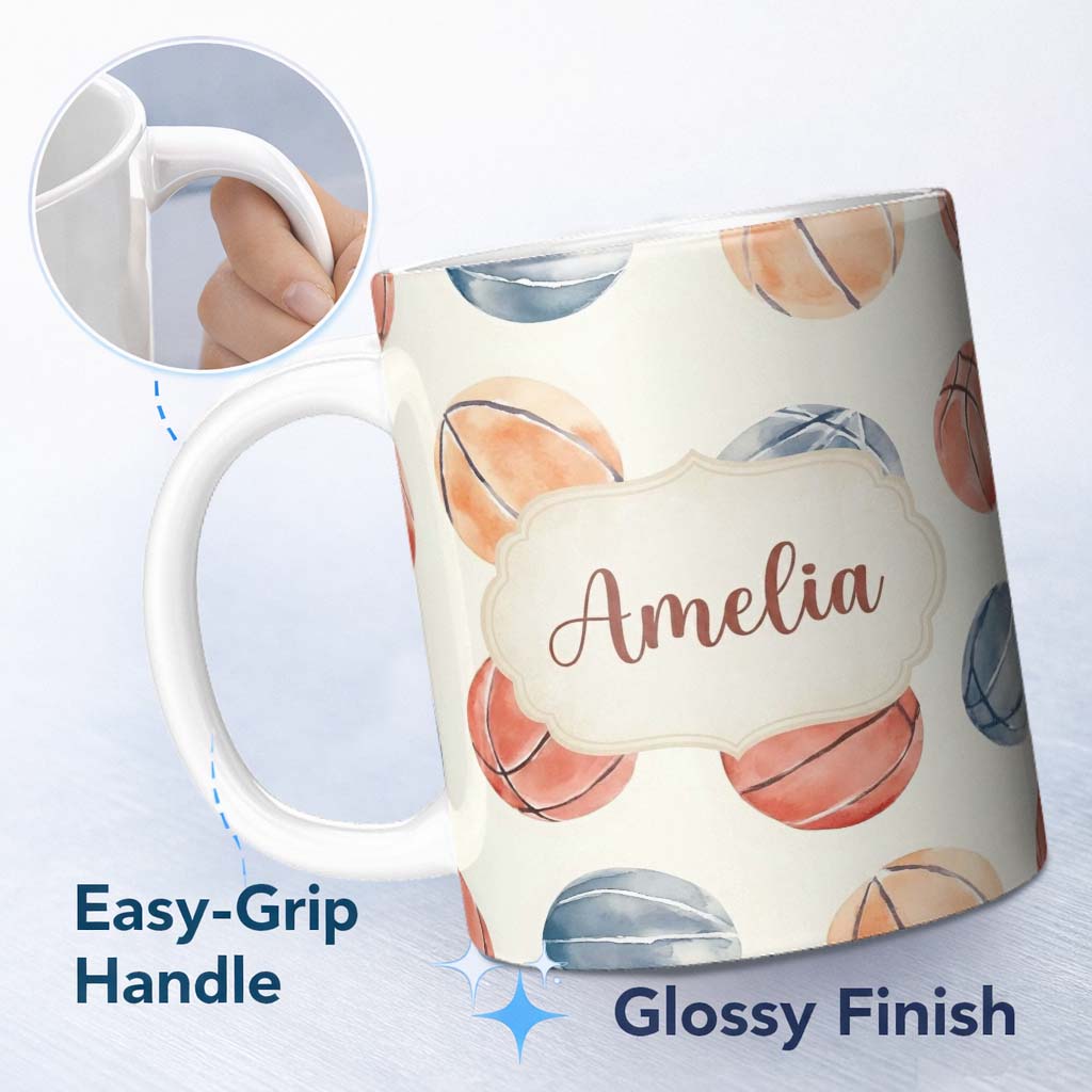Personalized Custom Name Watercolor Basketball Balls on Neutral Background Seamless Pattern 11oz Ceramic Coffee Tea Mug White Large Handle