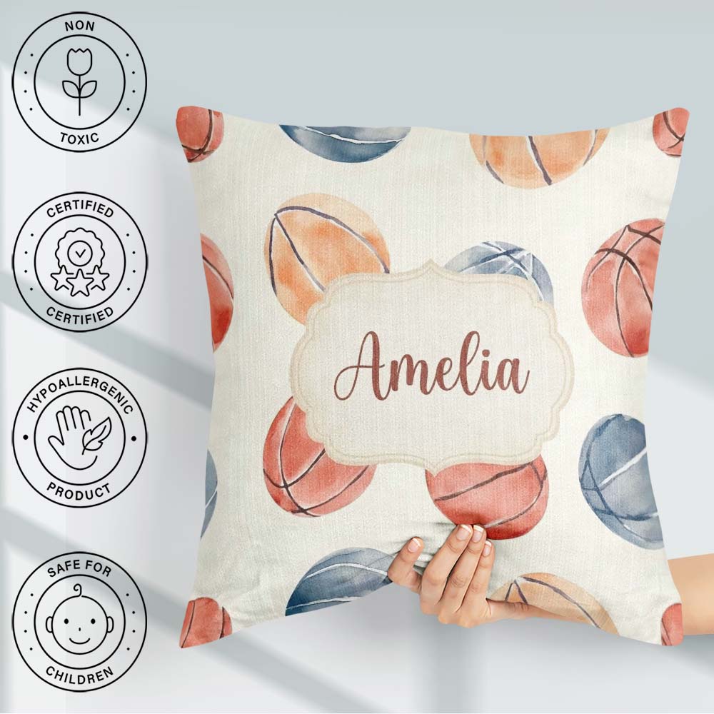 Custom Name Watercolor Basketball on Neutral Background Seamless Square Filled Cushion Throw Pillow Sofa Bed Home Decor Zip Washable UK Made