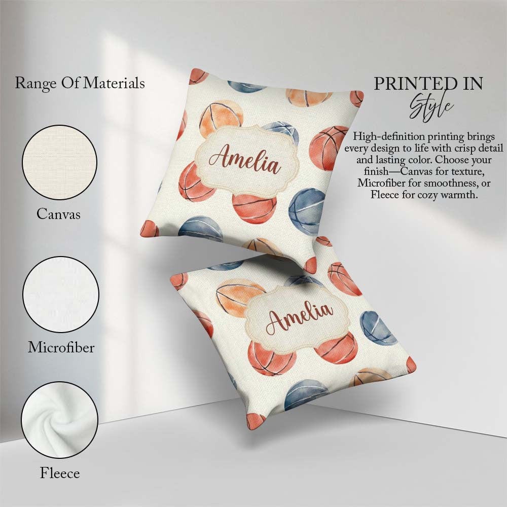 Custom Name Watercolor Basketball on Neutral Background Seamless Square Filled Cushion Throw Pillow Sofa Bed Home Decor Zip Washable UK Made