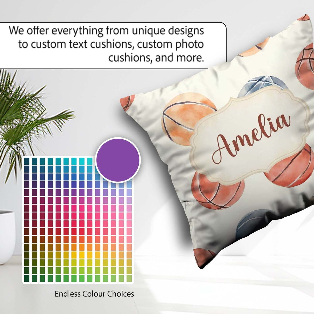 Custom Name Watercolor Basketball on Neutral Background Seamless Square Filled Cushion Throw Pillow Sofa Bed Home Decor Zip Washable UK Made