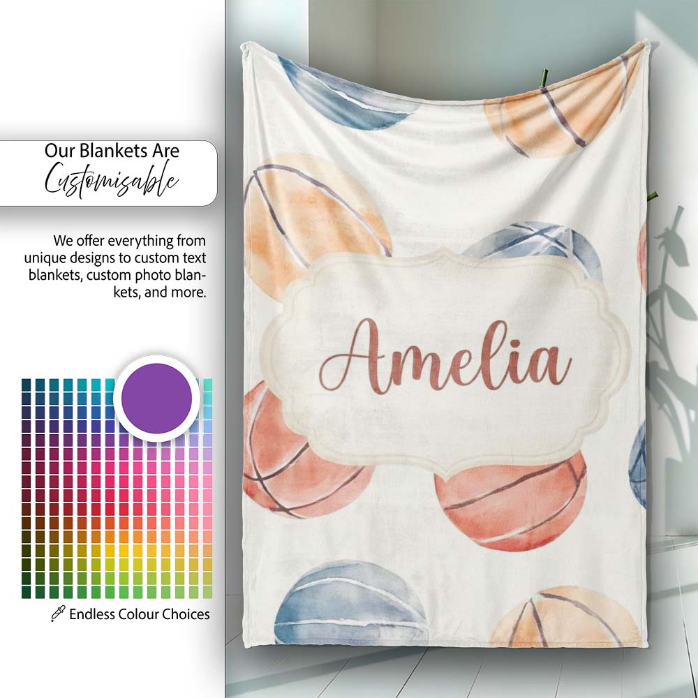 Watercolor Basketball Balls on Neutral Background Seamless Pattern  Personalised Custom Name Super Soft Fleece Blanket Bed Sofa Throw
