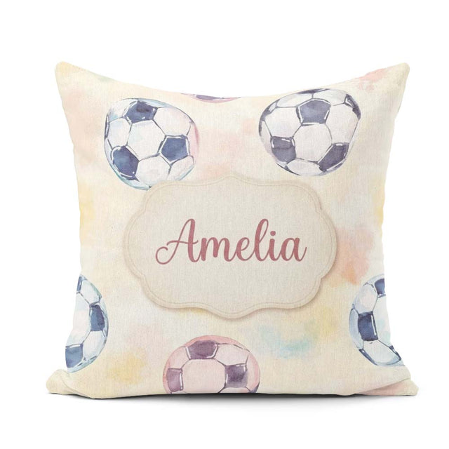 Custom Name Watercolor Soccer on Soft Pastel Background Seamless Square Filled Cushion Throw Pillow Sofa Bed Home Decor Zip Washable UK Made