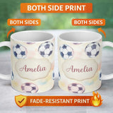 Personalized Custom Name Watercolor Soccer Balls on Soft Pastel Background Seamless Pattern 11oz Ceramic Coffee Tea Mug White Large Handle
