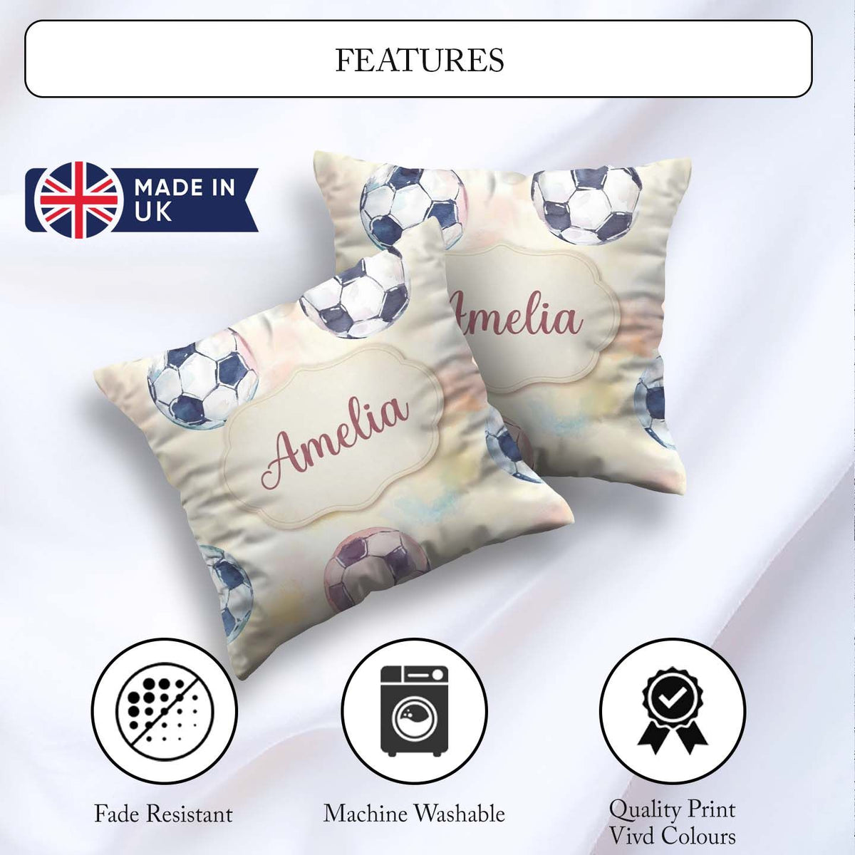 Custom Name Watercolor Soccer on Soft Pastel Background Seamless Square Filled Cushion Throw Pillow Sofa Bed Home Decor Zip Washable UK Made