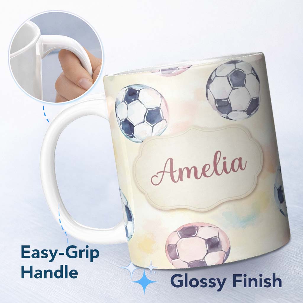 Personalized Custom Name Watercolor Soccer Balls on Soft Pastel Background Seamless Pattern 11oz Ceramic Coffee Tea Mug White Large Handle